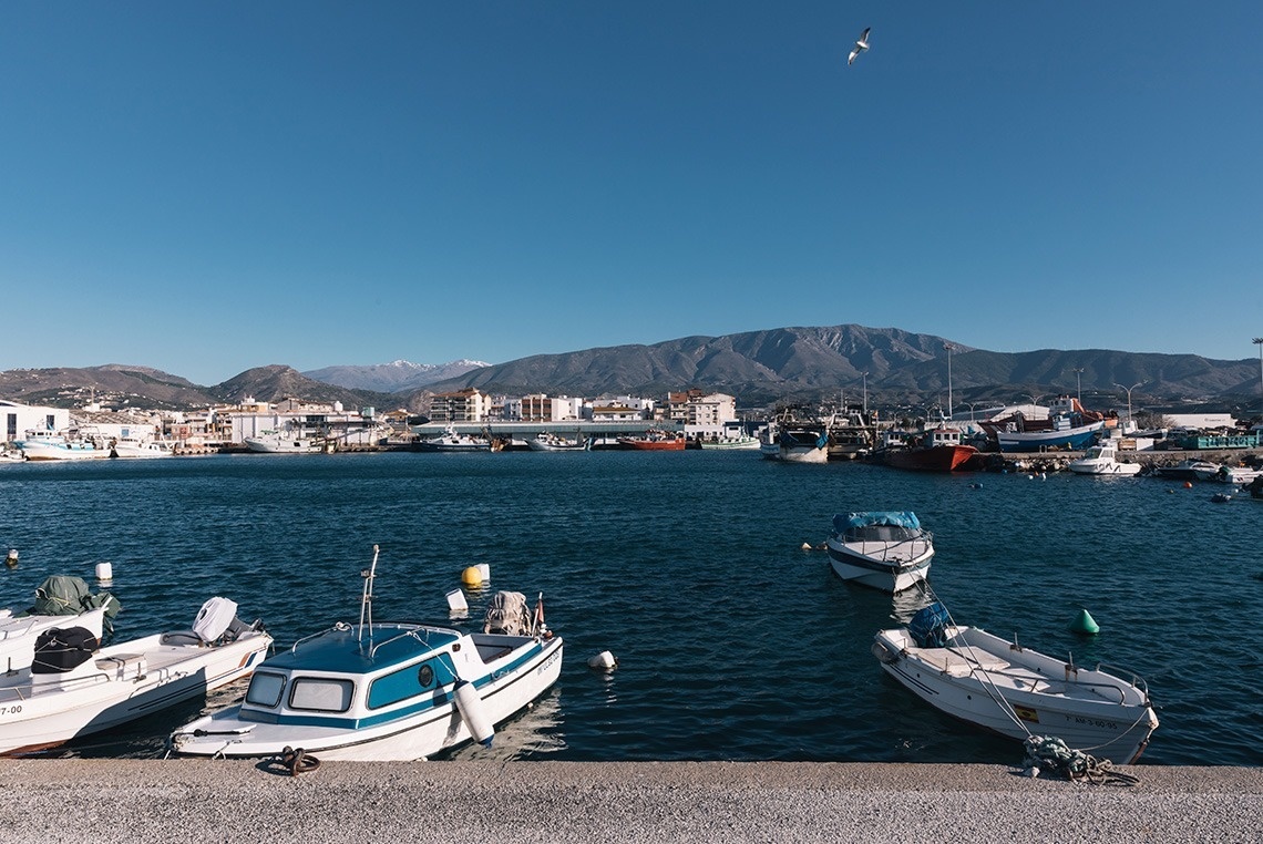 several boats are docked in a harbor with mountains in the background