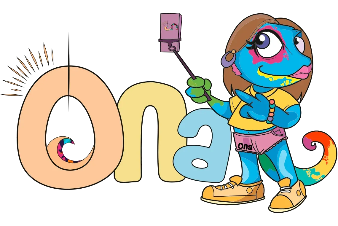 Logo colorido de On Hotels: ON Corporativa con un camaleón tomando una selfie.