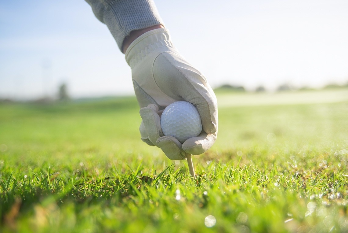una persona sostiene una pelota de golf en un tee