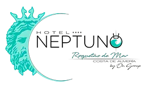On Hotels: Neptuno. Hotel Roquetas de Mar logo with Neptune and sea.