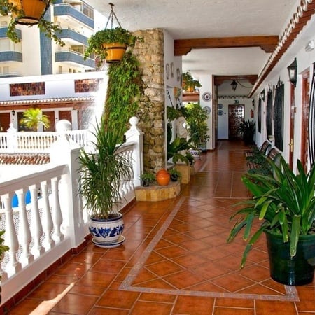 a hallway with potted plants and a white railing