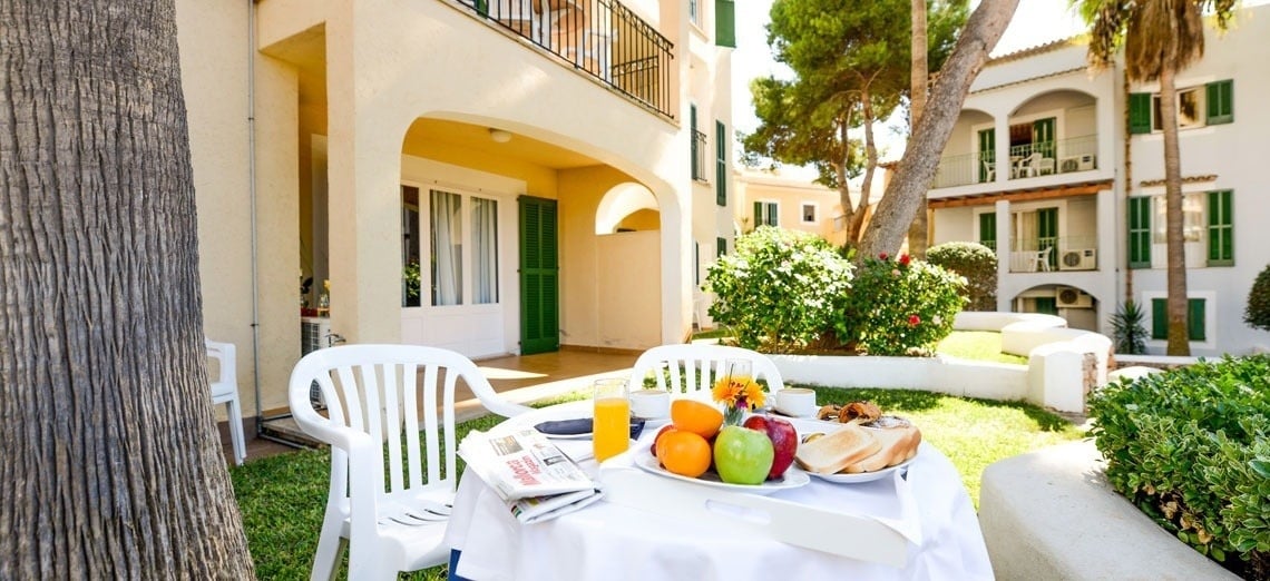 Detail of table with breakfast at the Ona Cala Pi hotel, in Majorca