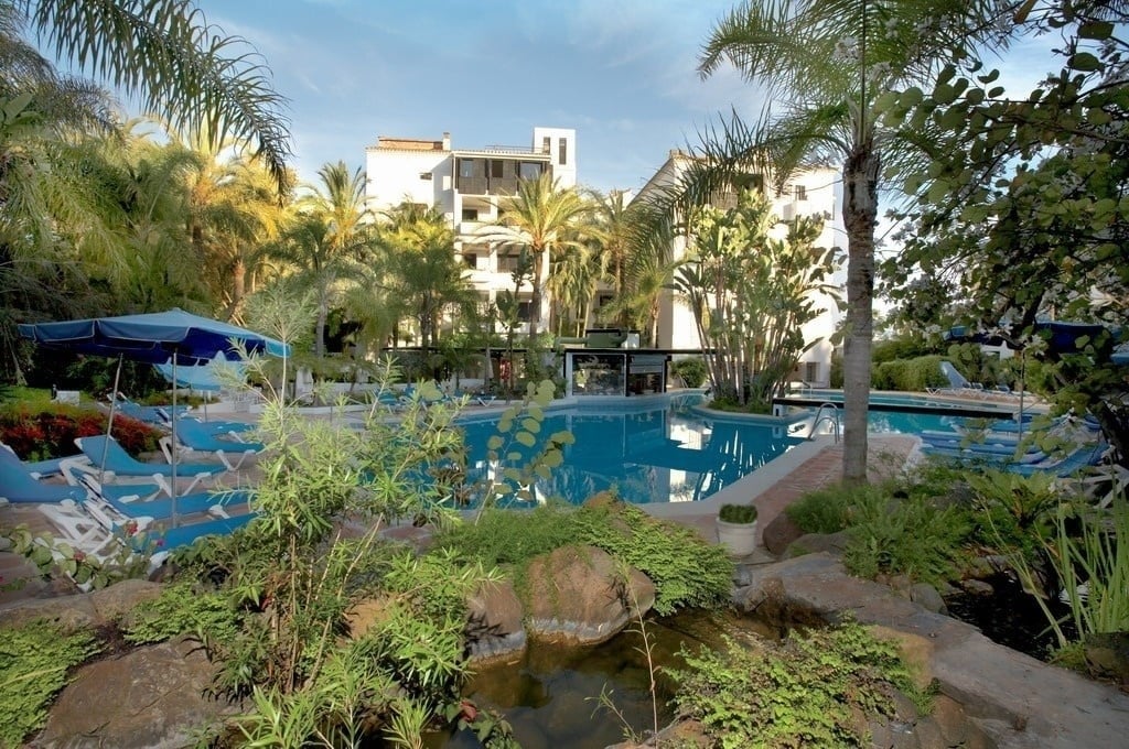 una piscina rodeada de palmeras y sillas con sombrillas azules
