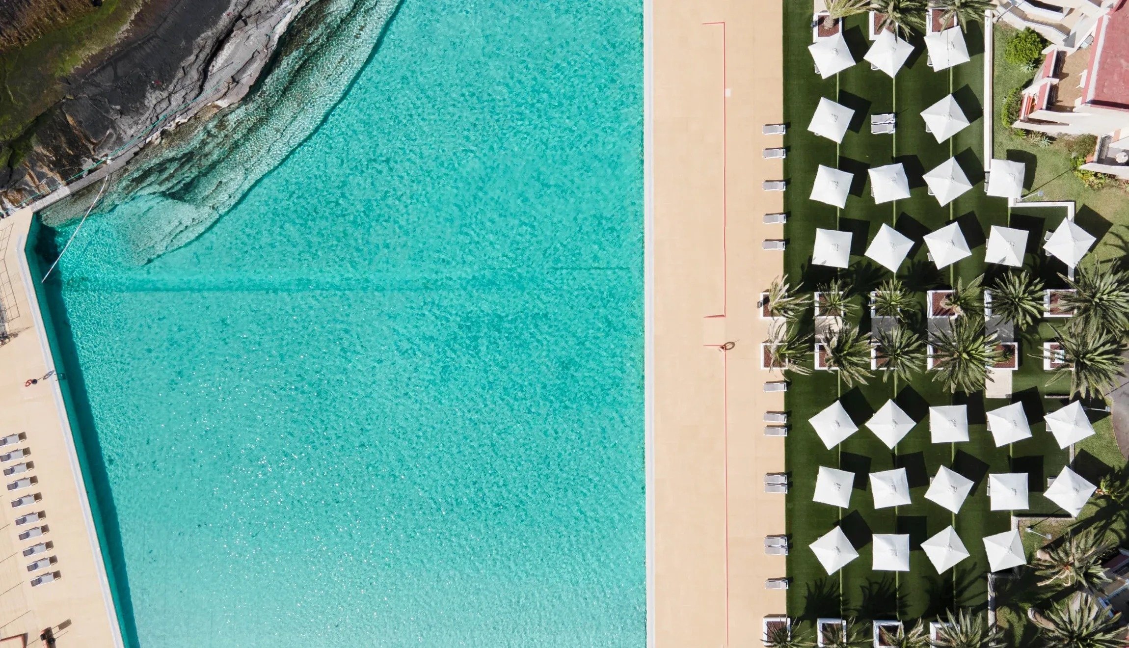 una vista aérea de una piscina con sombrillas y palmeras
