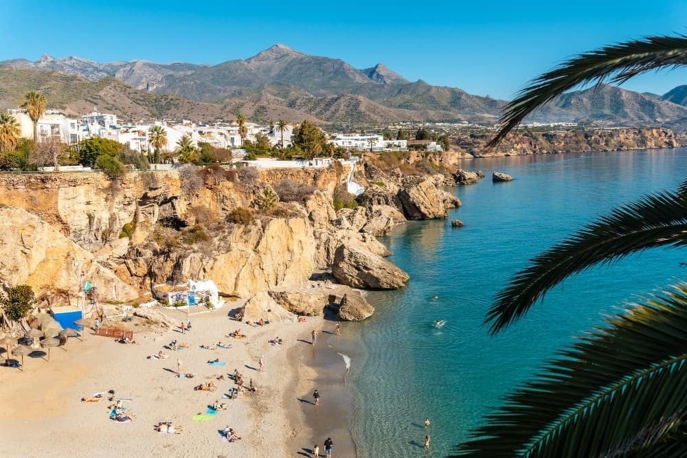 Panoramic view of the beach and town of Nerja, near the Ona Marinas de Nerja Hotel