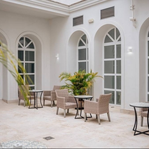 a courtyard with tables and chairs and a potted plant