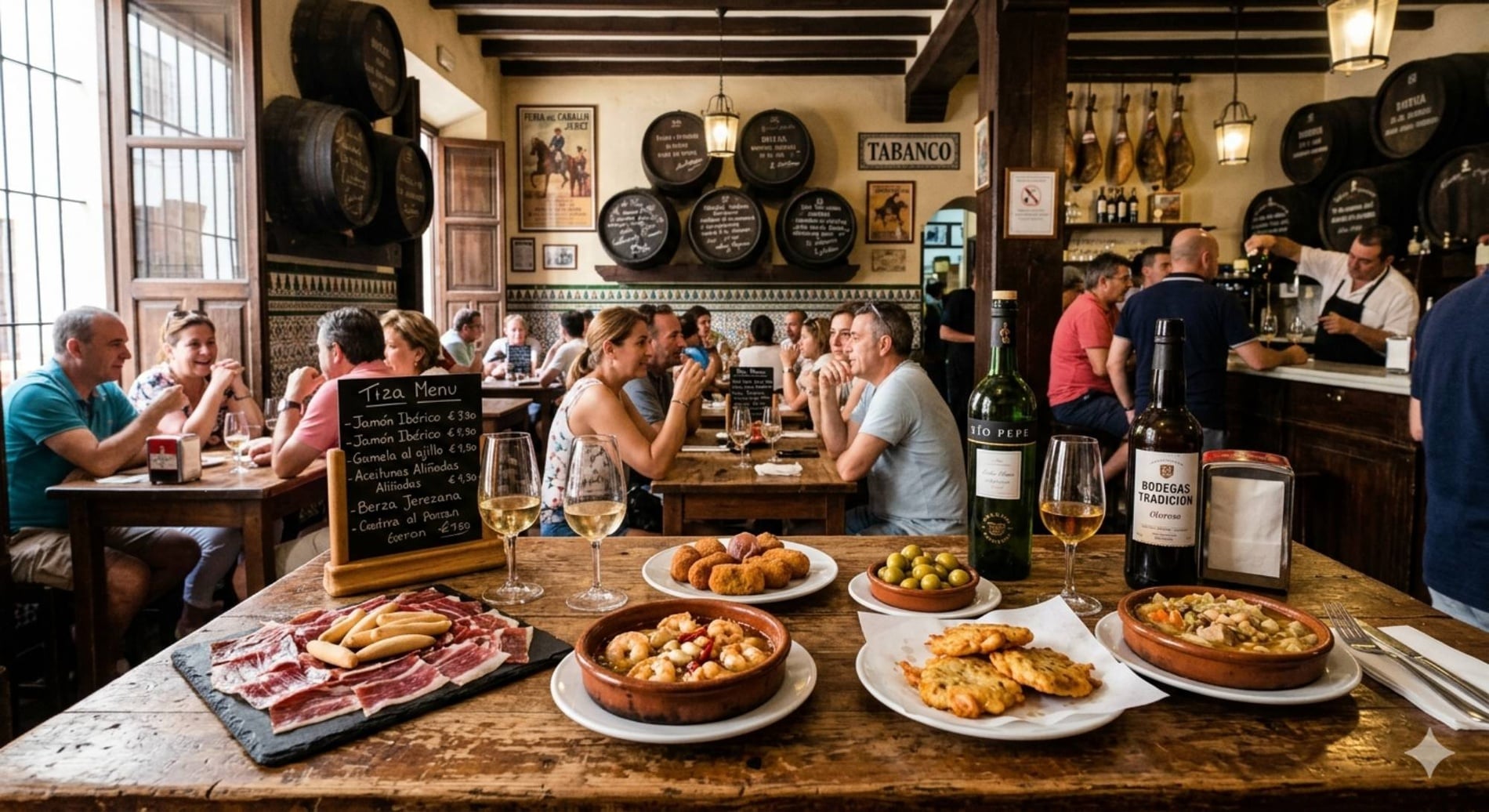 Una bulliciosa taberna española muestra a gente disfrutando de tapas y vino en mesas de madera, con barriles y jamones colgados decorando el ambiente rústico.