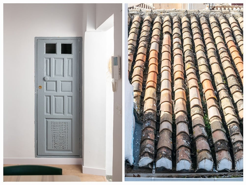 una foto de una puerta y una foto de un techo de tejas