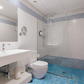 a bathroom with a toilet a sink and a walk in shower