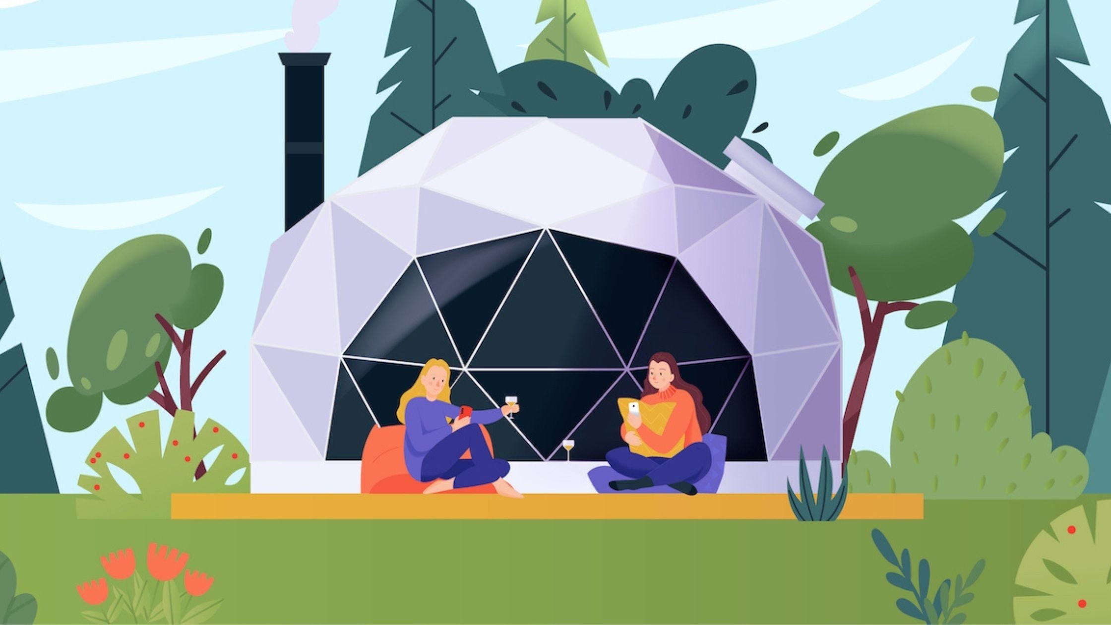 uma ilustração de duas pessoas sentadas em frente a uma cúpula