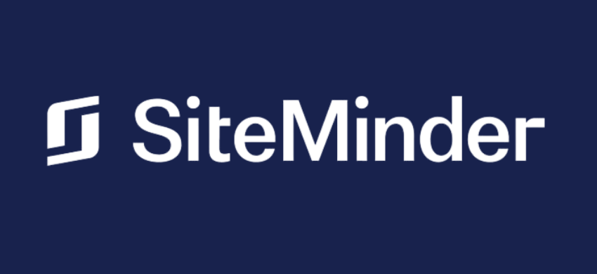 el logotipo de siteminder está escrito en blanco sobre un fondo gris