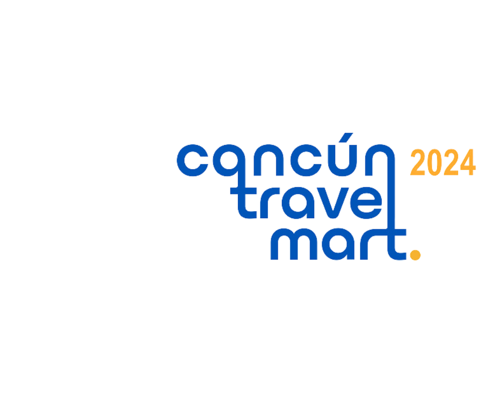 a blue and orange logo for cancun travel mart