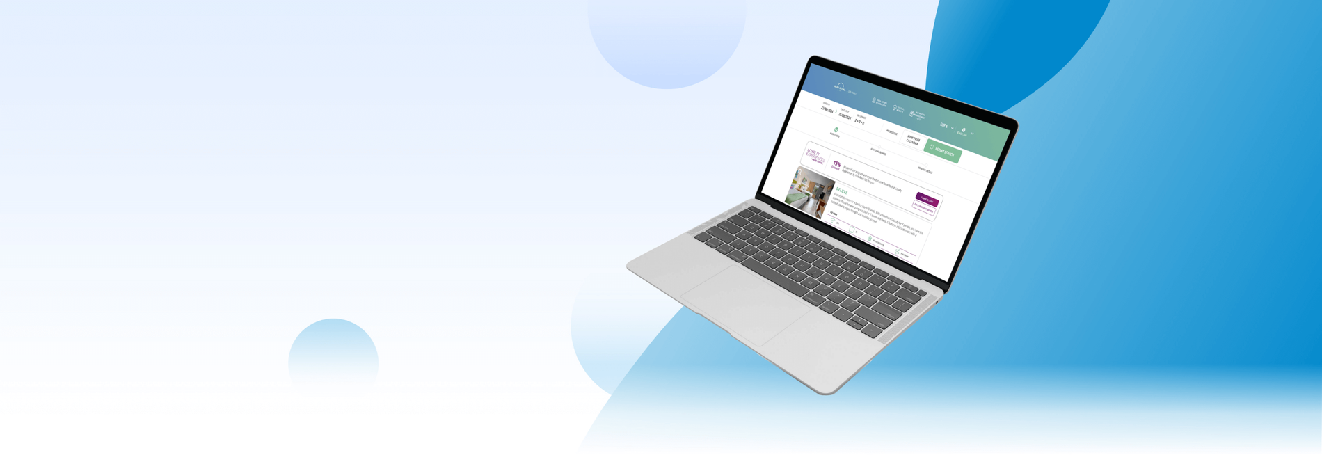 a person is typing on a laptop with a hotel website open