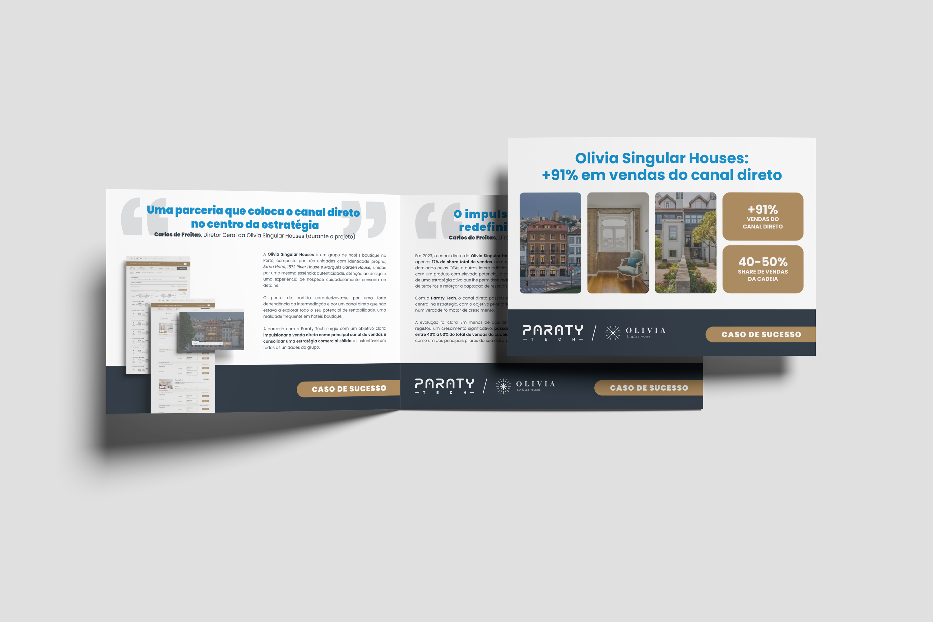 A imagem apresenta um caso de sucesso da Olivia Singular Houses, que, em parceria com a Paraty Tech, aumentou as vendas diretas em 91% e consolidou este canal como pilar estratégico, representando agora 40-50% do total de vendas.