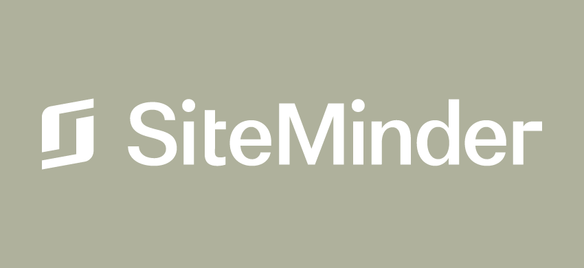 el logotipo de siteminder está escrito en blanco sobre un fondo gris