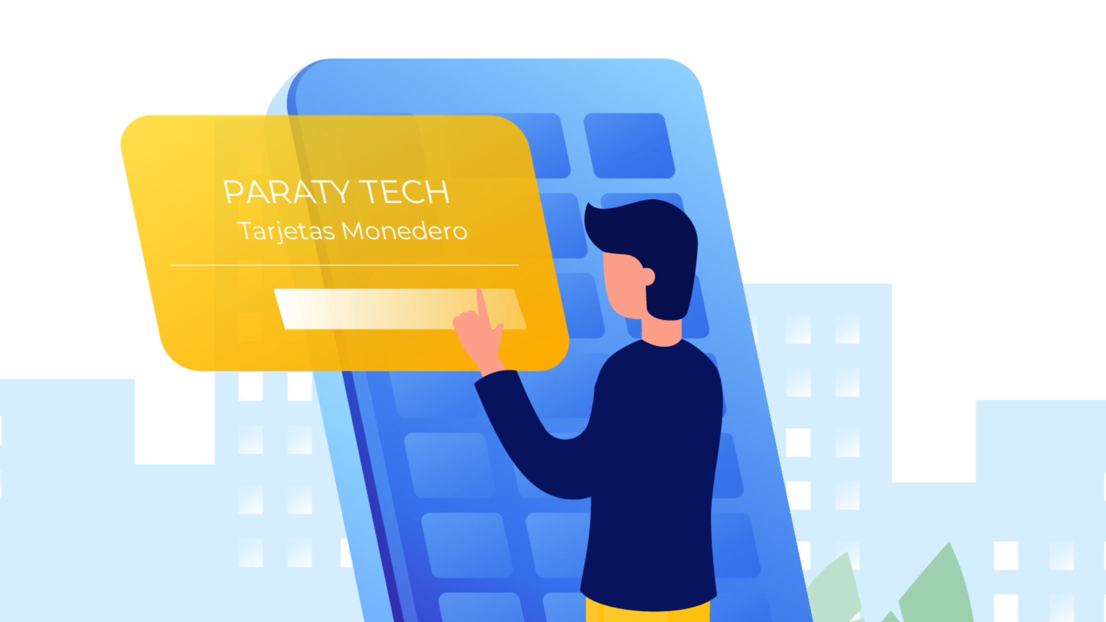 an illustration of a man holding a card that says paraty tech