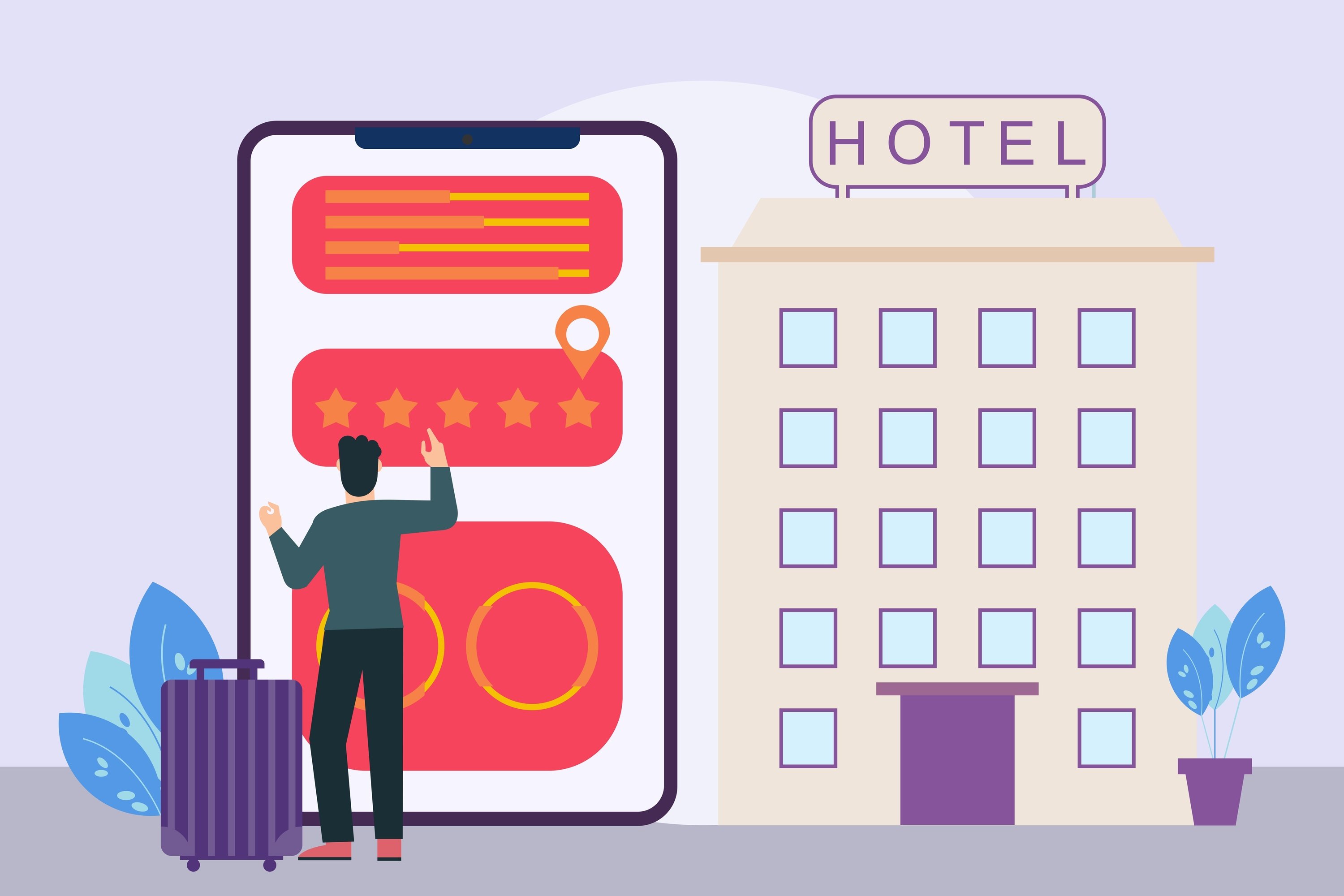 uma ilustração de um homem com uma mala ao lado de um hotel
