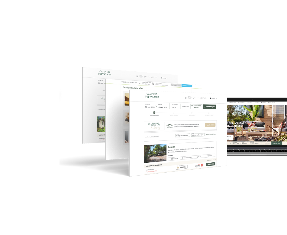 tres pantallas de un sitio web de camping cuevas