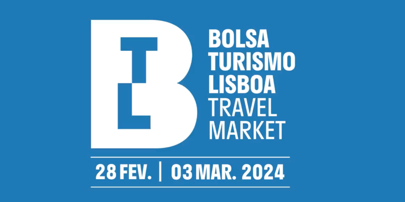 a blue and white logo for the bolsa turismo lisboa travel market