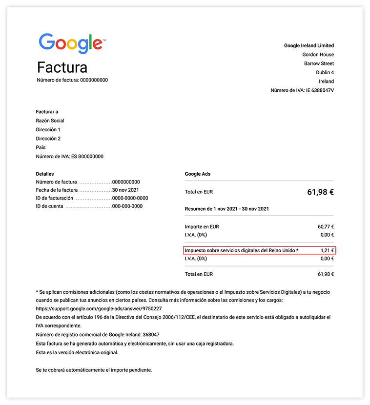Example Google Invoice