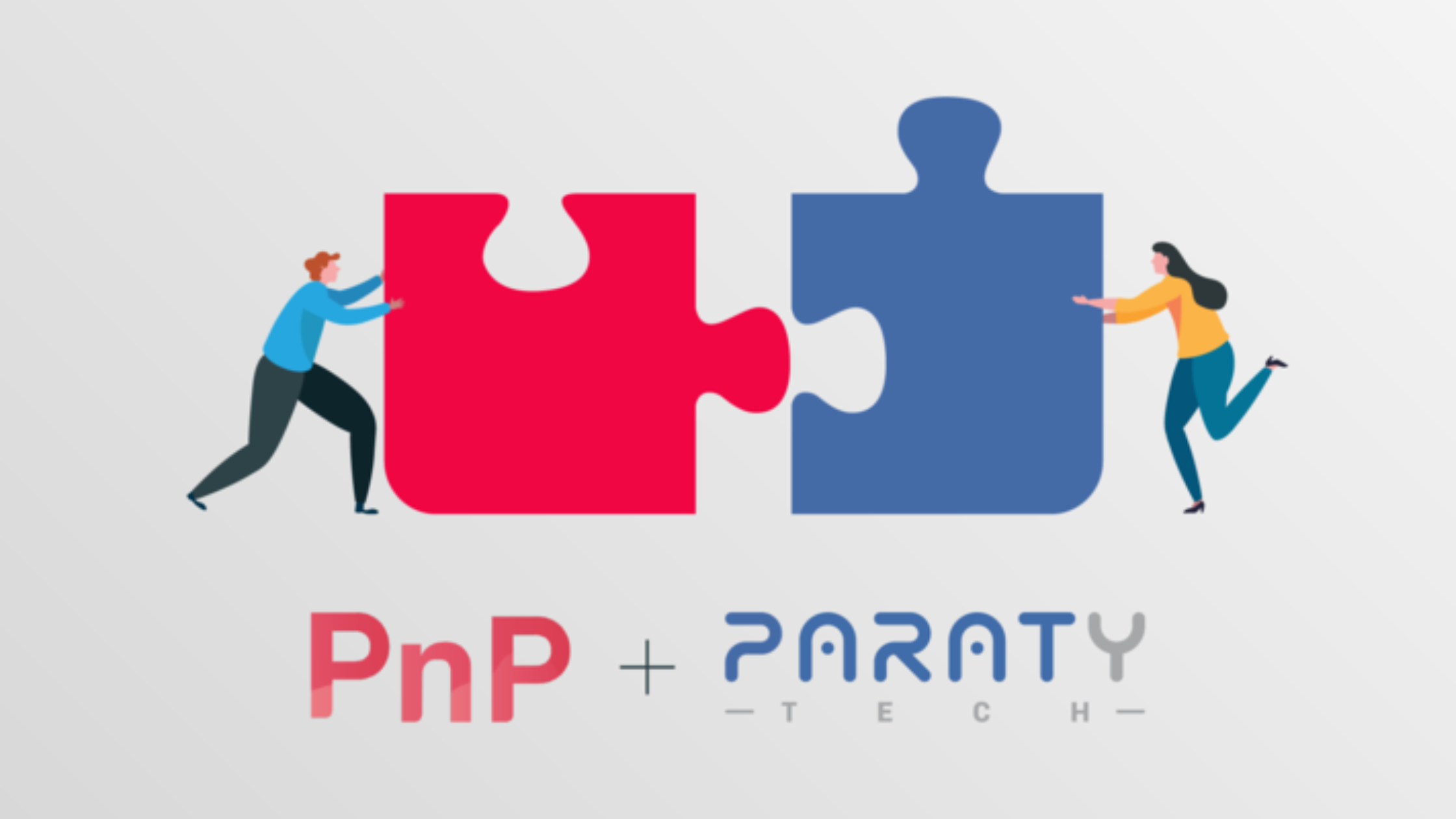 un hombre y una mujer sostienen dos piezas de un rompecabezas junto al texto pnp + paraty tech