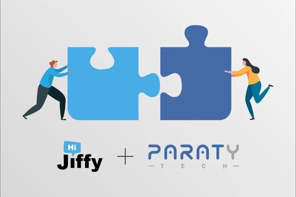 un hombre y una mujer sostienen dos piezas de un rompecabezas junto al logotipo de jiffy + paraty tech