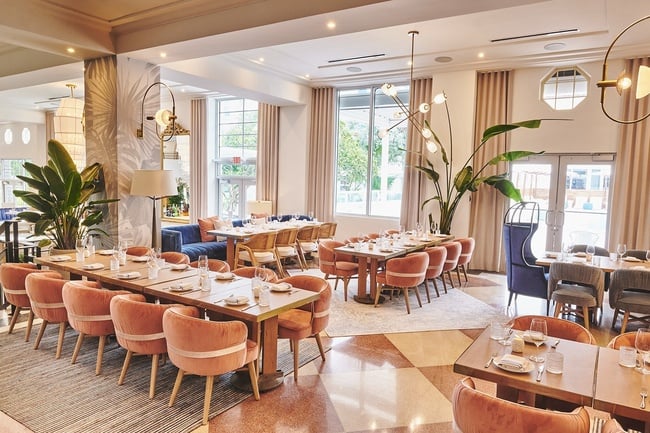 An elegant and airy restaurant dining room features long wooden tables set with place settings, plush pink velvet chairs, tropical plants, large windows, and a mix of patterned flooring and rugs.