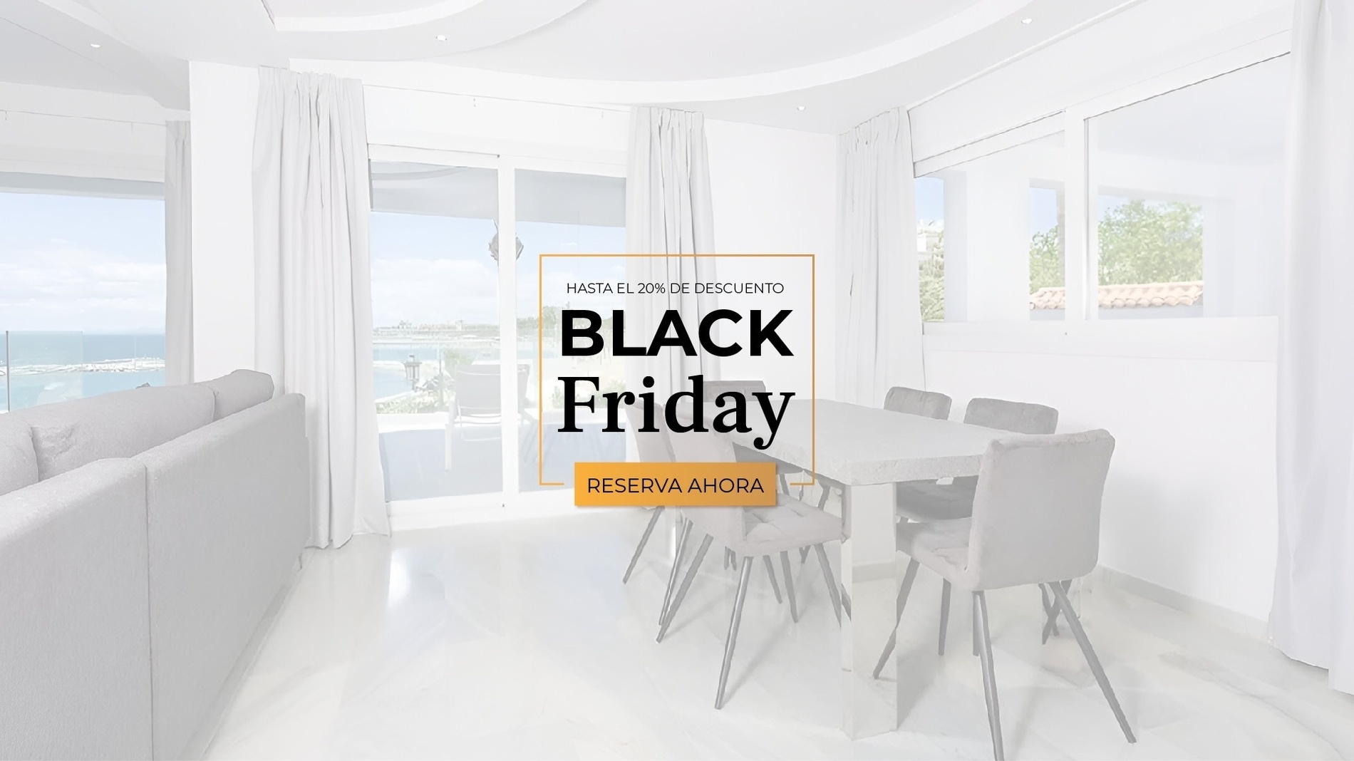 una sala de estar con una mesa y sillas y un cartel que dice black friday reserva ahora