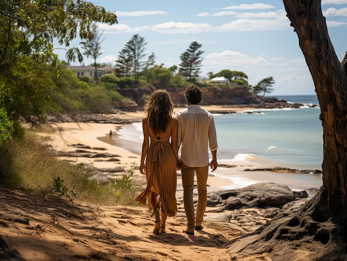 a man and a woman are walking down a path towards the beach