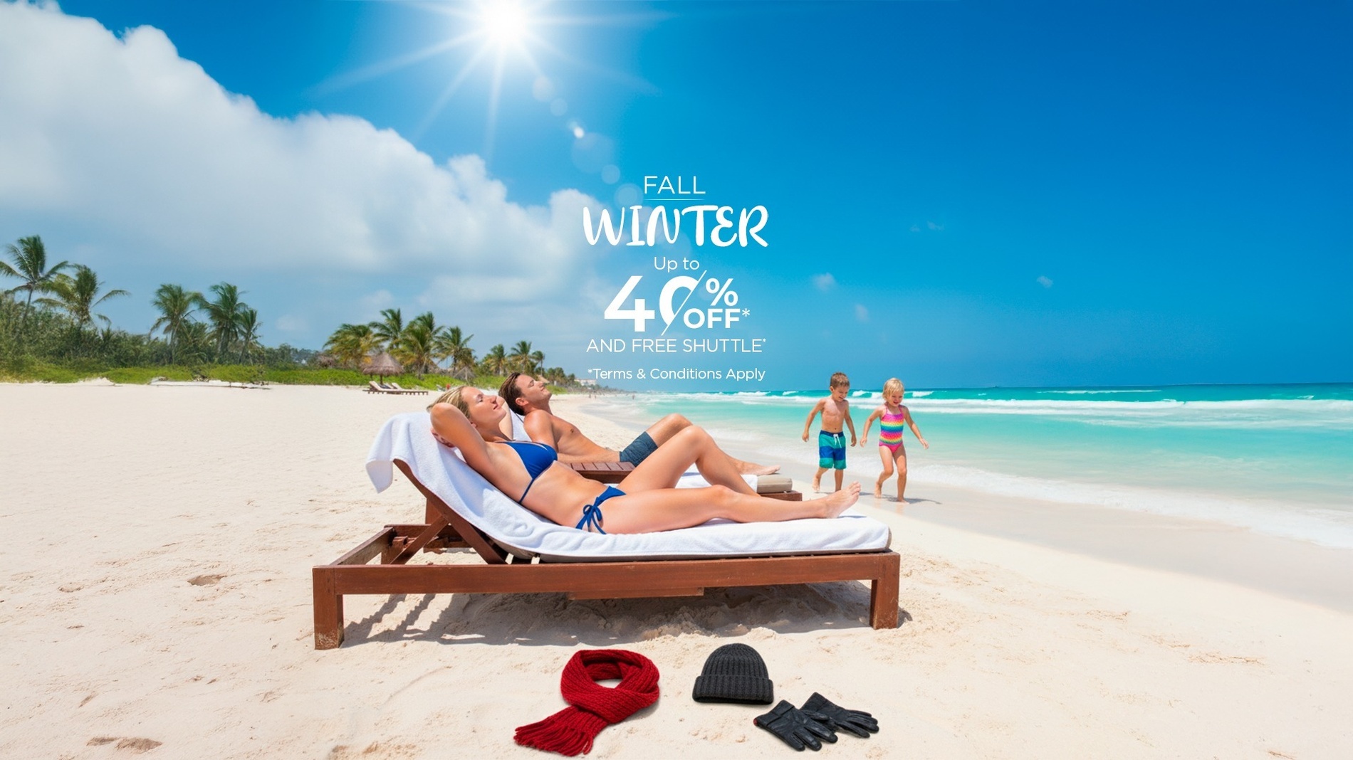 an advertisement for fall winter offers up to 44 % off and free shuttle