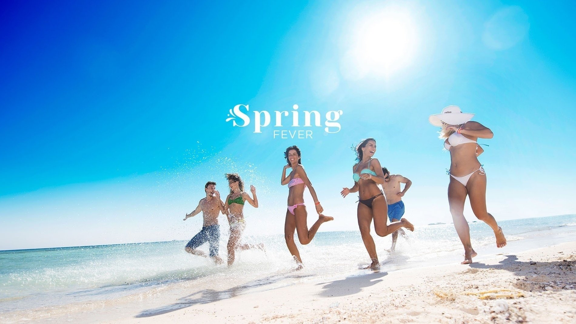 a group of people running on a beach with the words spring fever above them