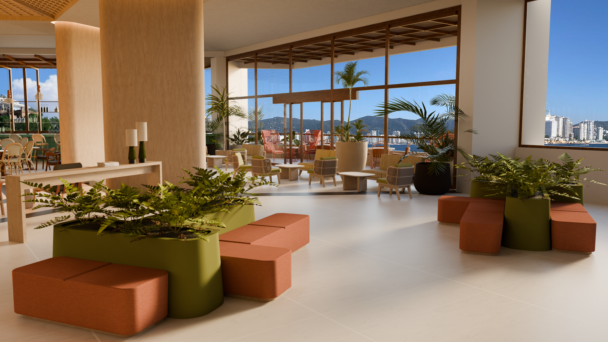 Relaxation area with tables and armchairs, decorated with raw colors and wood with views of the sea at the Hotel Park Royal Beach Acapulco