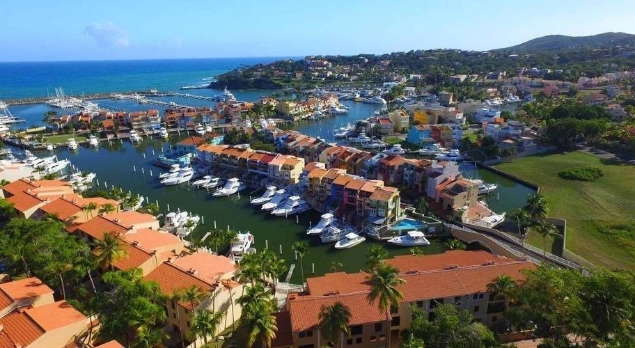 an aerial view of a marina with many boats docked