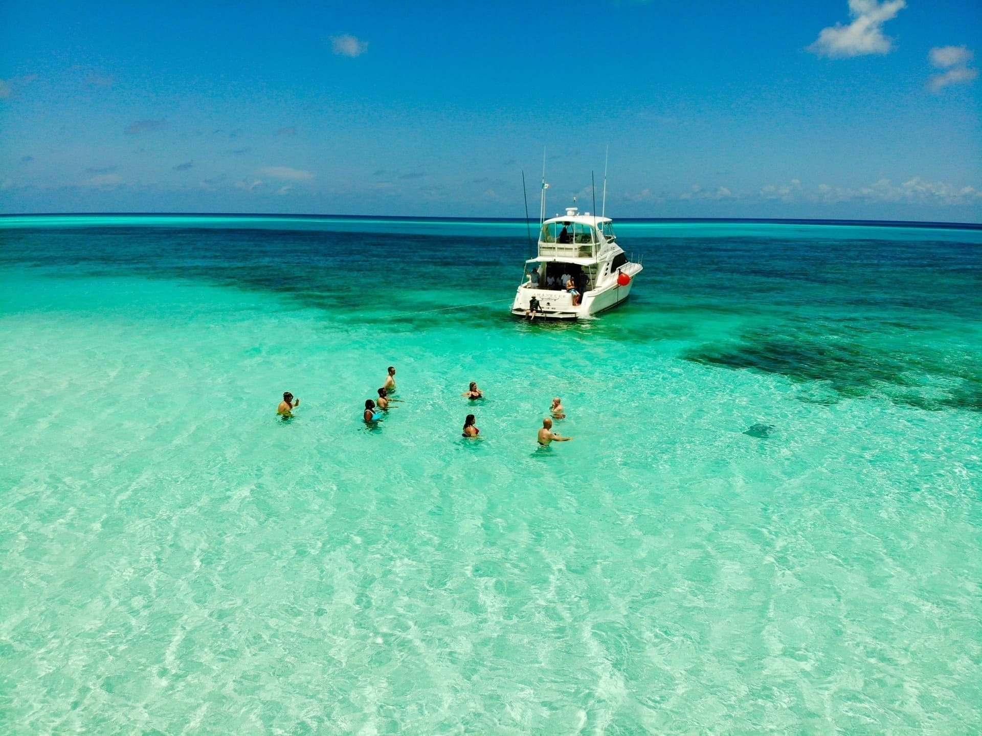 un grupo de personas nadando en el océano junto a un barco