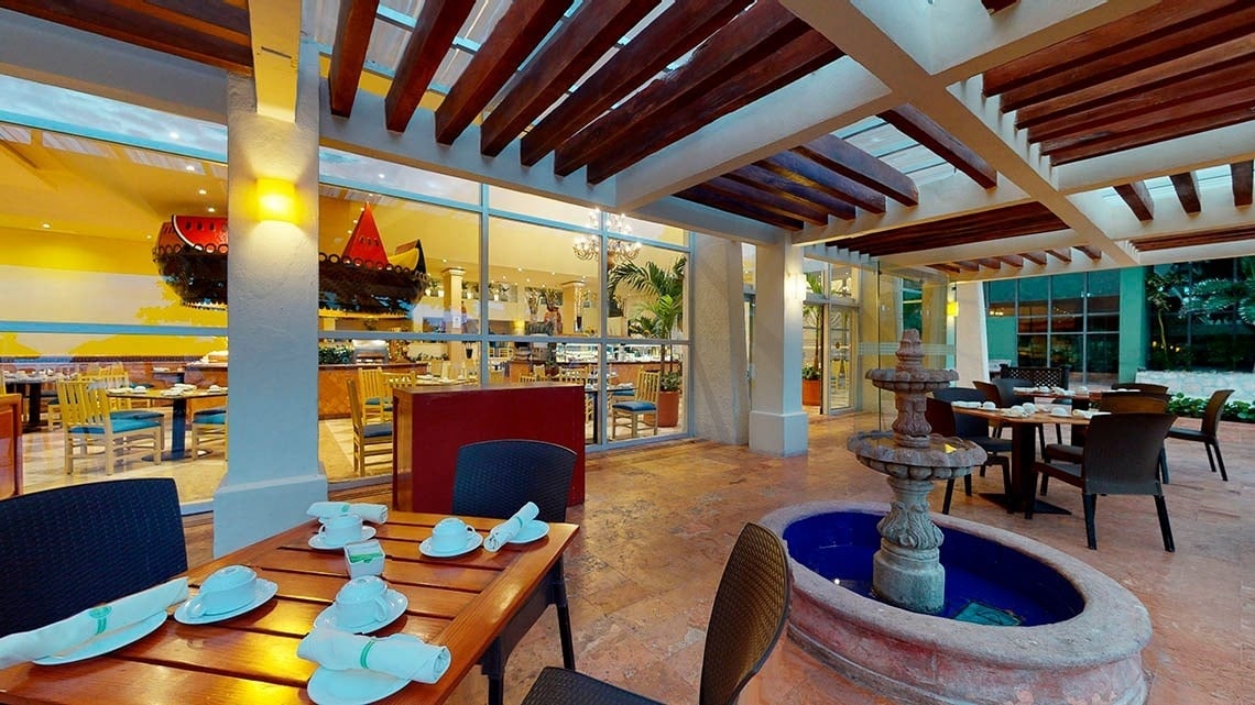 Exterior area of the restaurant of the Grand Park Royal Cancun Hotel in the Mexican Caribbean