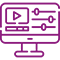 um ícone roxo de um monitor de computador em um fundo preto .