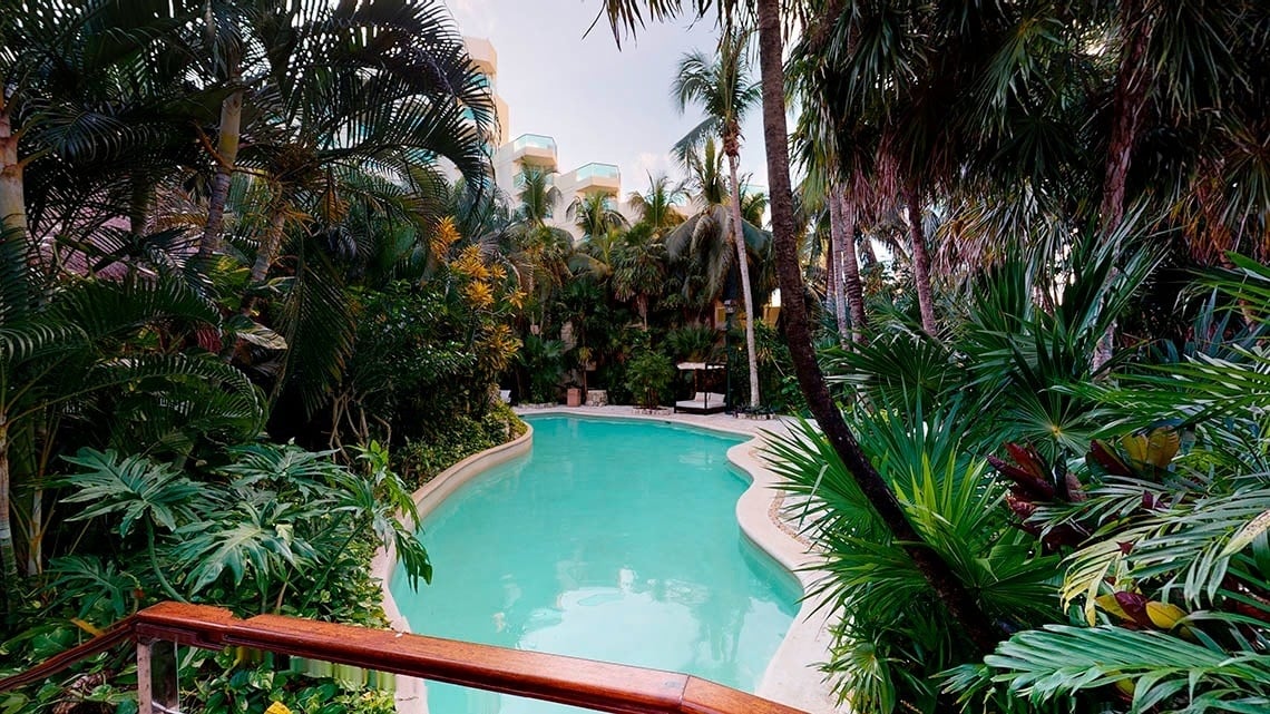 Vista de uma ponte de uma piscina ao ar livre cercada por vegetação no Hotel Grand Park Royal Cozumel