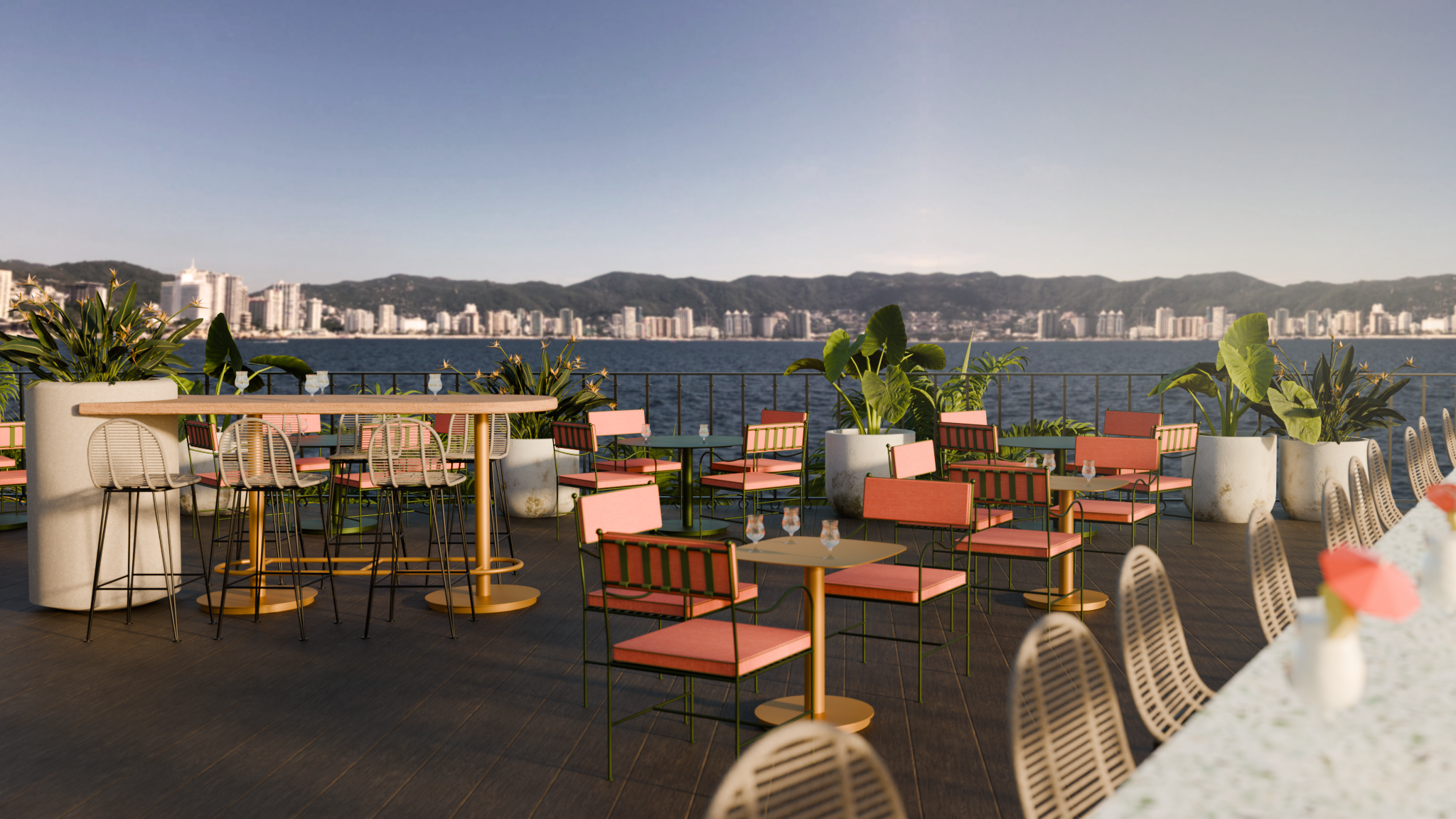 Zona de sillones de Chill Out Bar al anochecer del Hotel Park Royal Beach Acapulco