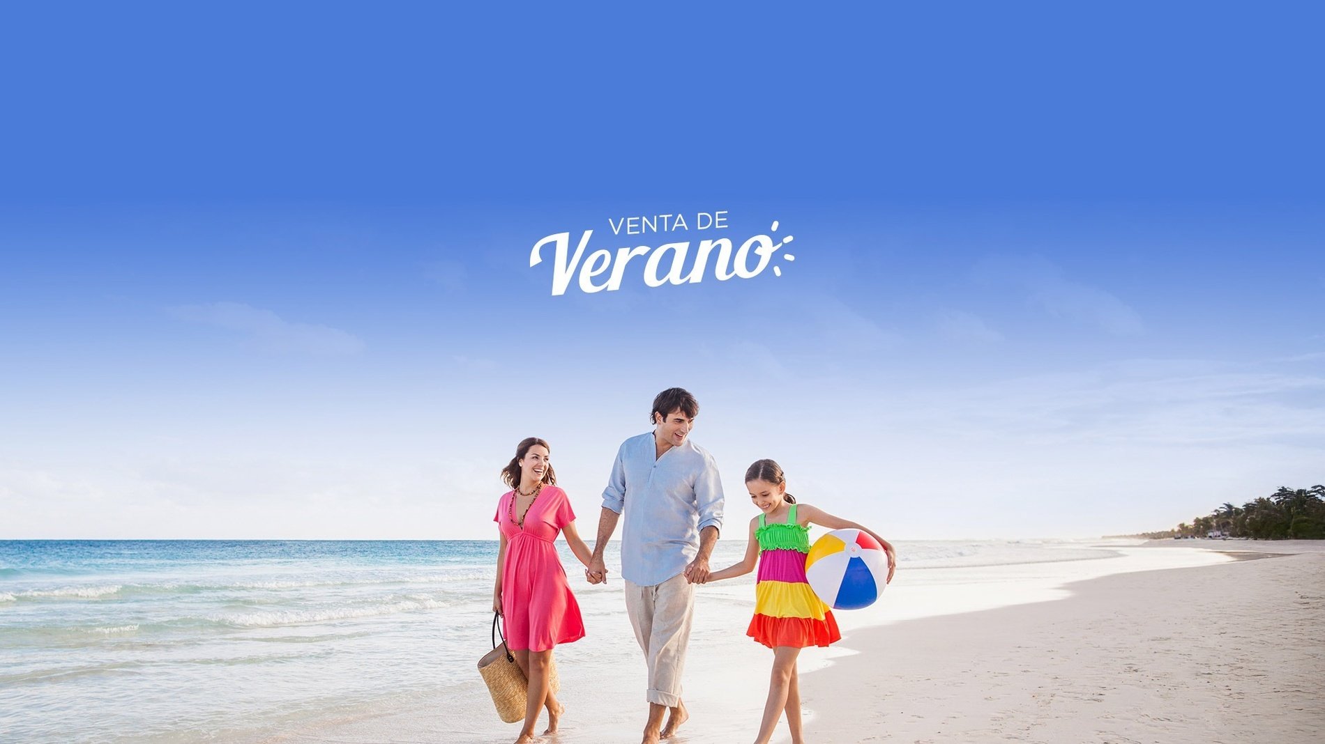 un cartel de venta de verano con una familia en la playa