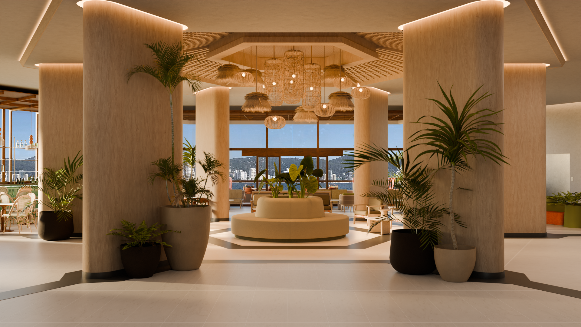 Area of tables and chairs with sea views of the Hotel Park Royal Beach Acapulco