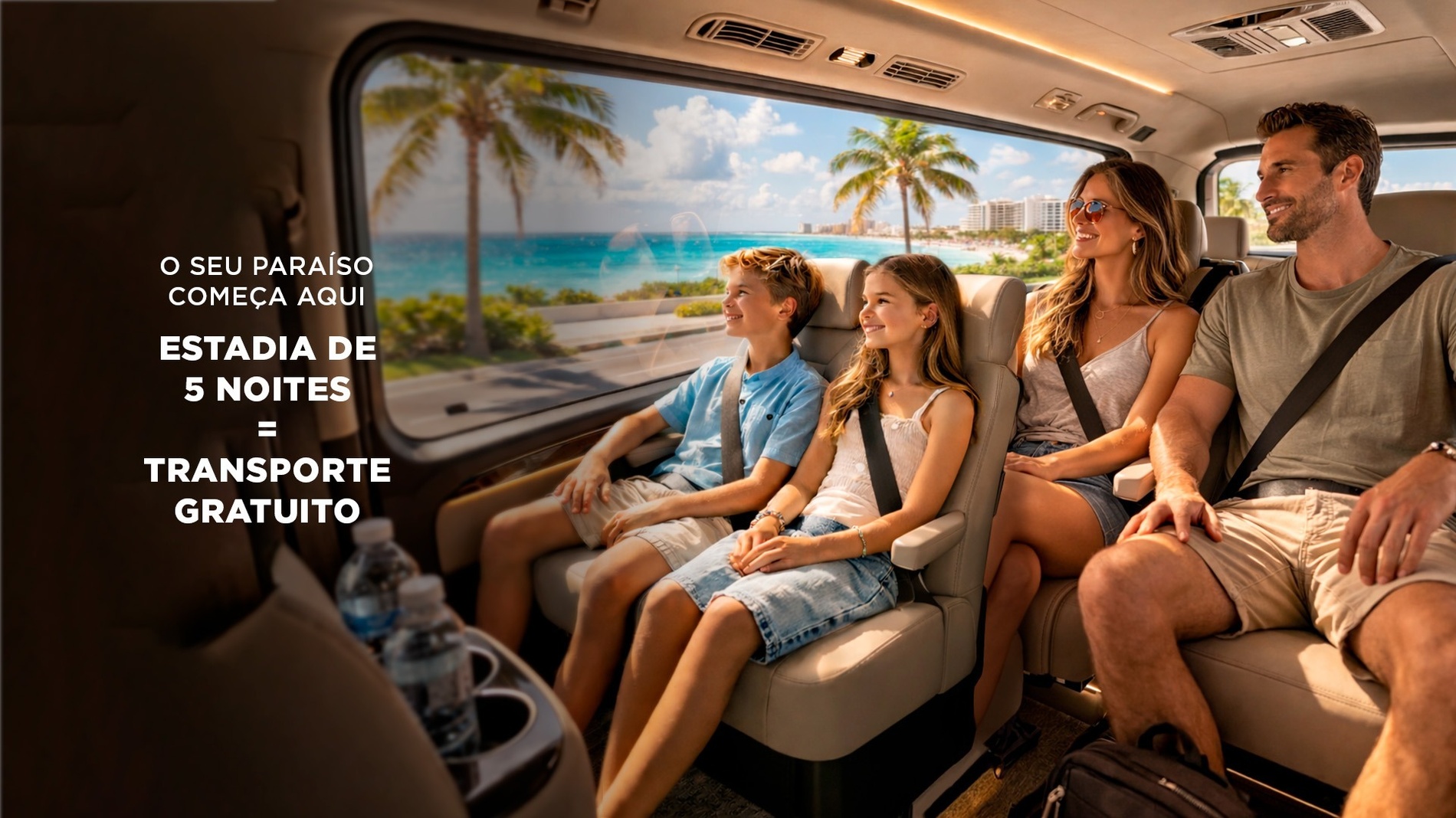 Uma família é transportada confortavelmente para um destino tropical paradisíaco, enquanto o texto promove transporte gratuito para estadias de 5 noites.