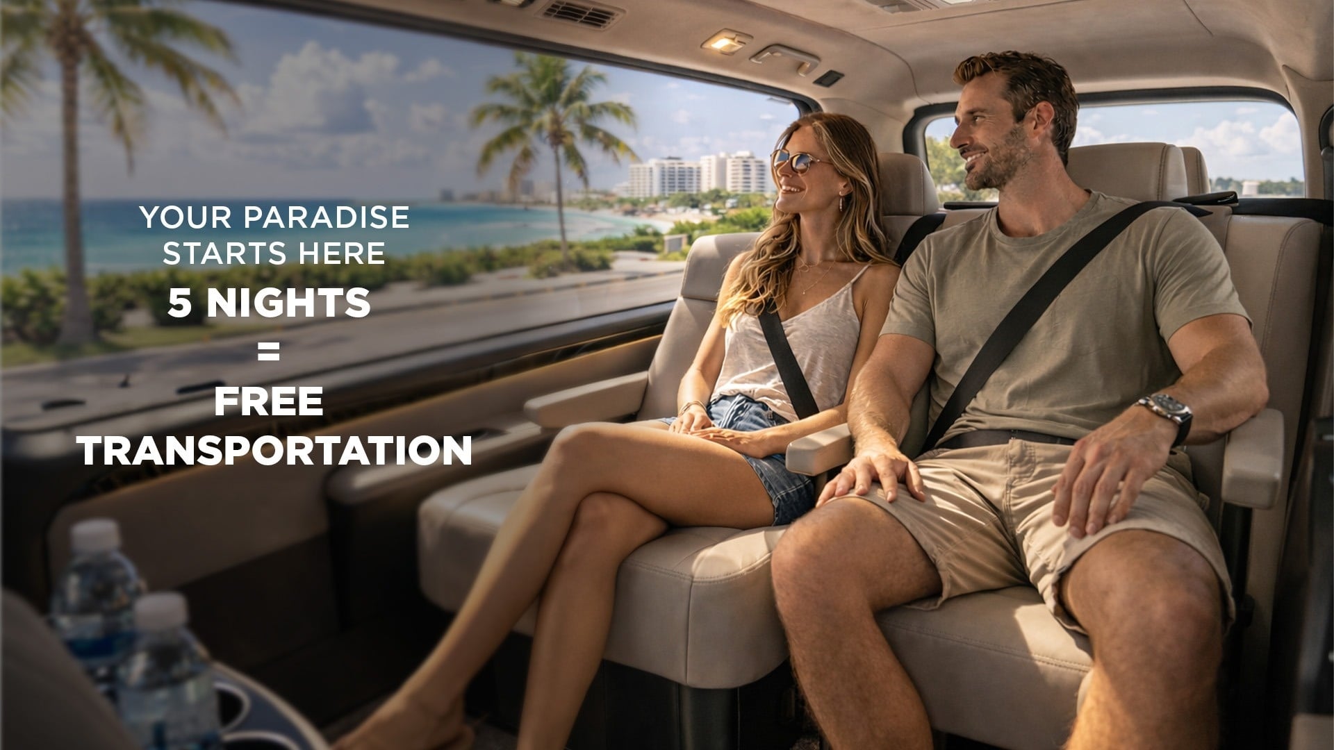 A couple is comfortably seated in the back of a luxury vehicle, looking out at a sunny coastal road with palm trees and buildings, while an overlay announces 