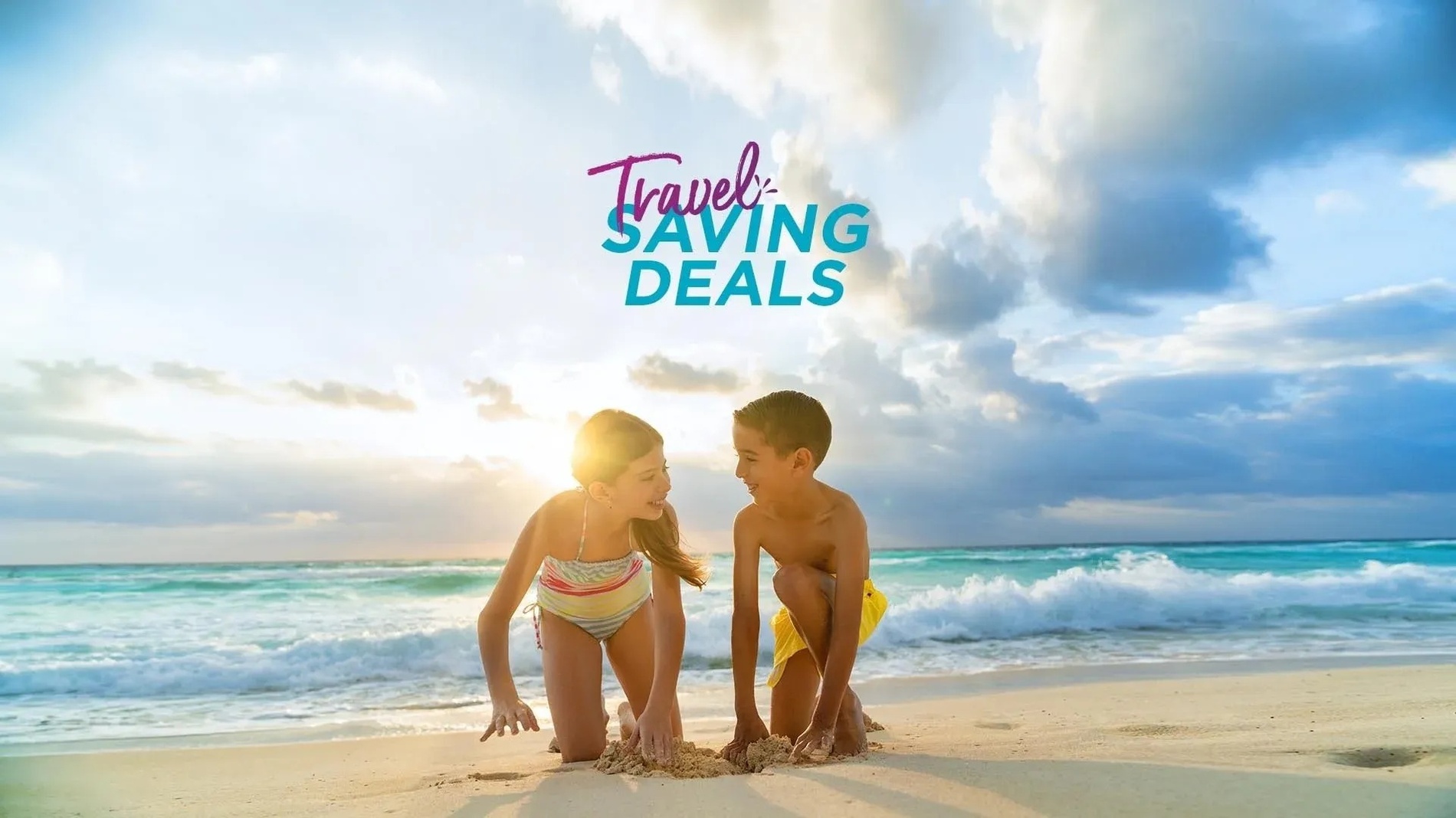 a boy and a girl play in the sand on a beach with the words travel saving deals above them
