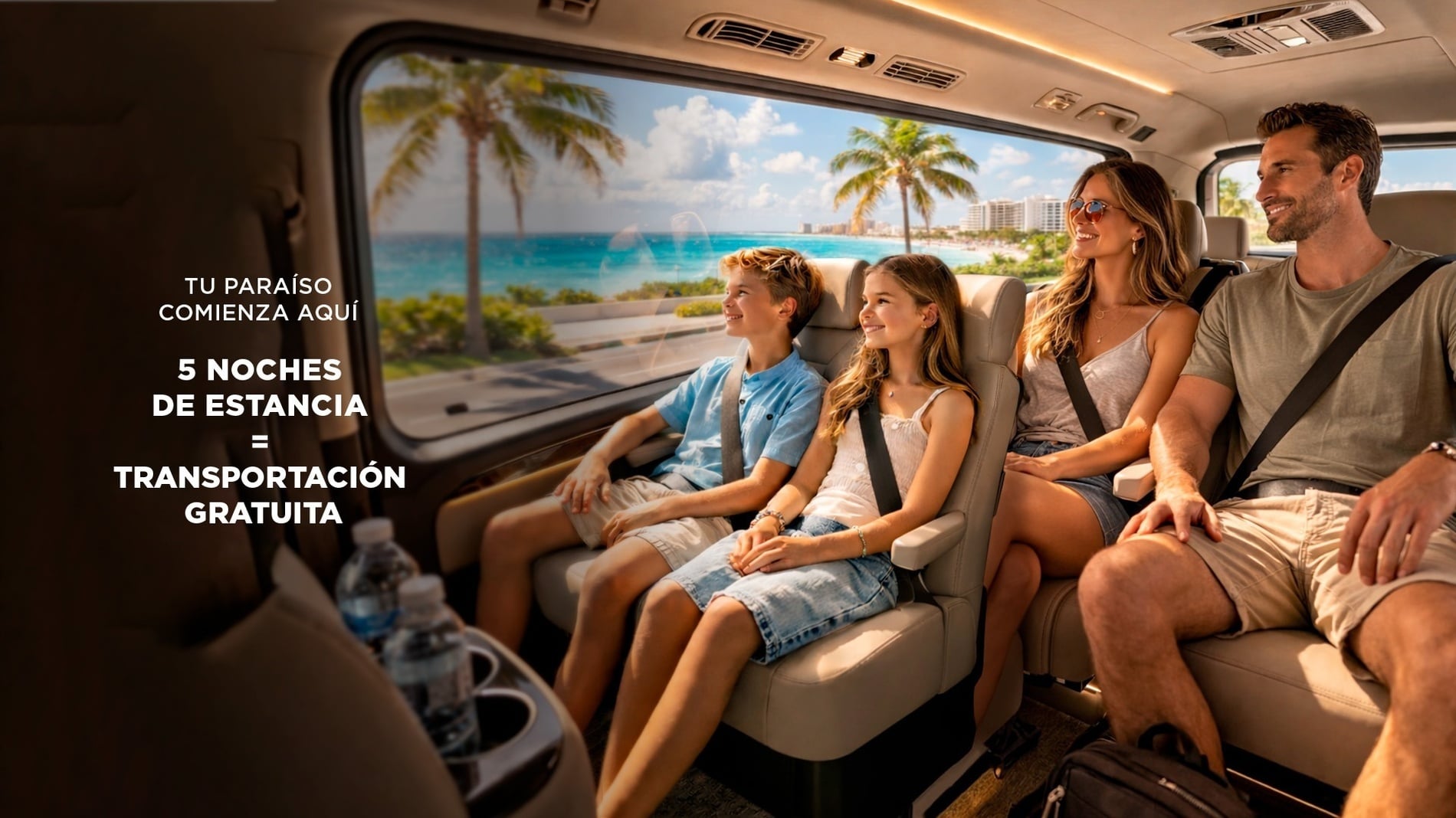 Una familia feliz viaja en un vehículo, admirando el paradisíaco paisaje tropical desde la ventana.