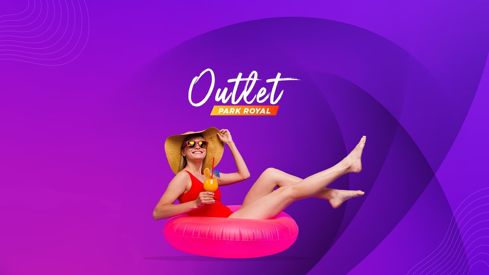 a woman in a red swimsuit is floating in an inflatable ring with the words outlet park royal above her