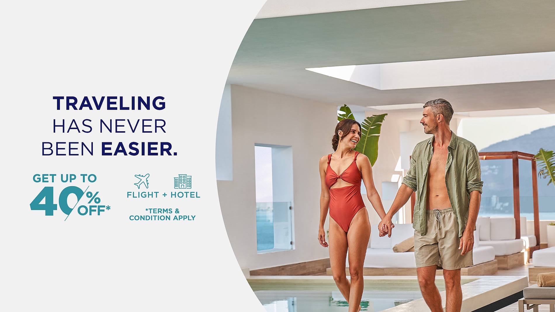 Couple enjoys a vacation at a luxury resort, offering flight + hotel deals and 'Hotel Grand Park Royal Puerto Vallarta | Mexican Pacific' up to 40% off.