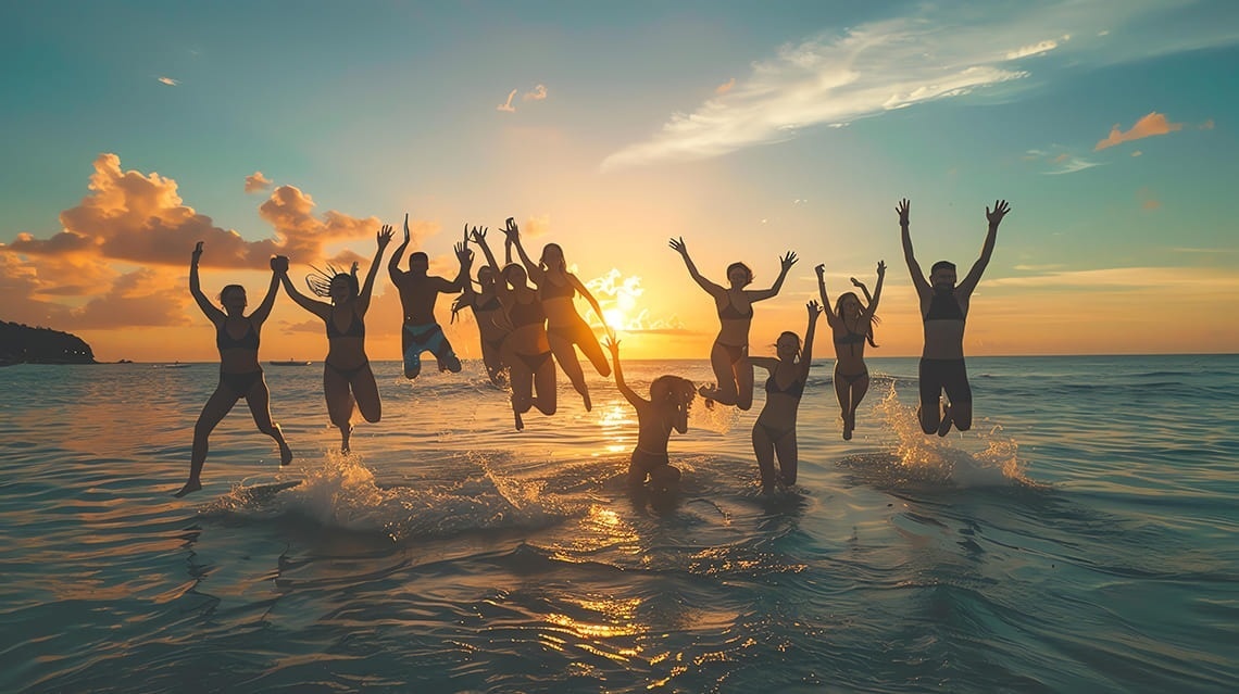 um grupo de pessoas pulando no oceano ao pôr do sol