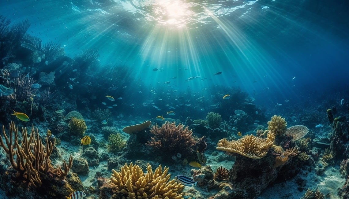 the sun is shining through the water over a coral reef