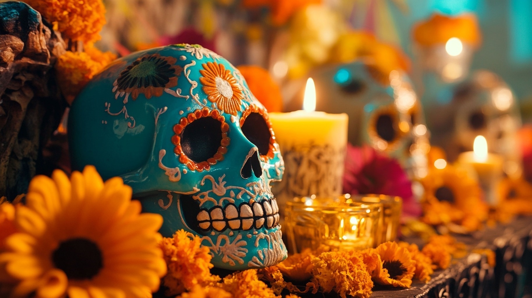 a blue sugar skull surrounded by flowers and candles