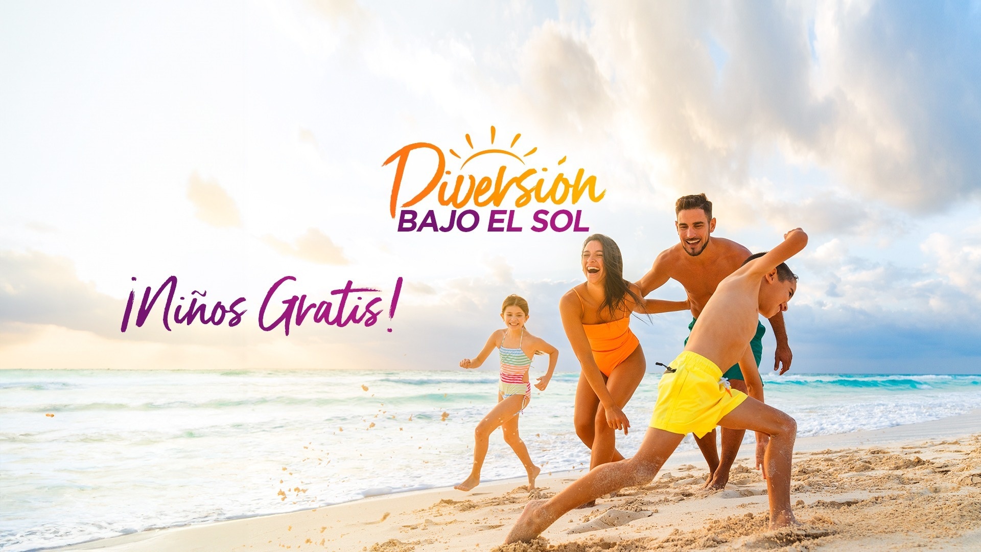 un cartel que dice diversion bajo el sol con una familia en la playa